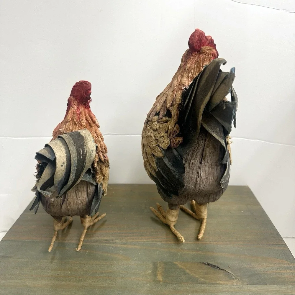Set / 2 Vintage Paper Mache Rooster Chicken Hen Multi-colored Raffia Lightweight
